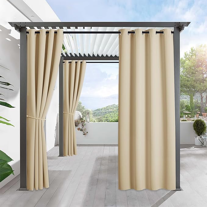 RYB HOME Outdoor Curtains for Patio Waterproof Block Sunlight Thermal Insulated Privacy Assured Thick Outside Curtains for Pergola, Deck, Gazebo, W52 x L108, Biscotti Beige, 1 Panel RYBHOME