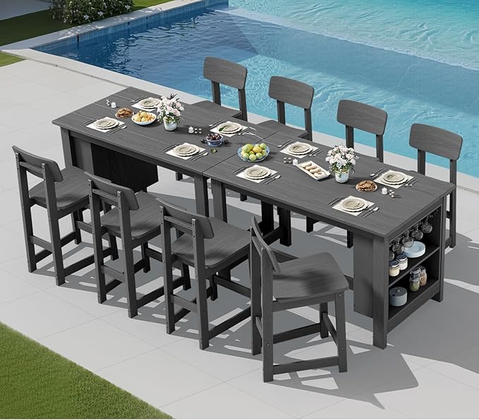 SERWALL 8-Piece Counter Height DiningTable Sets with Storage and Wine Rack, HDPE 2 Rectangular Bar Table with Bar Stools Set of 6 for Garden, Backyard, Kitchen, Gray SERWALL