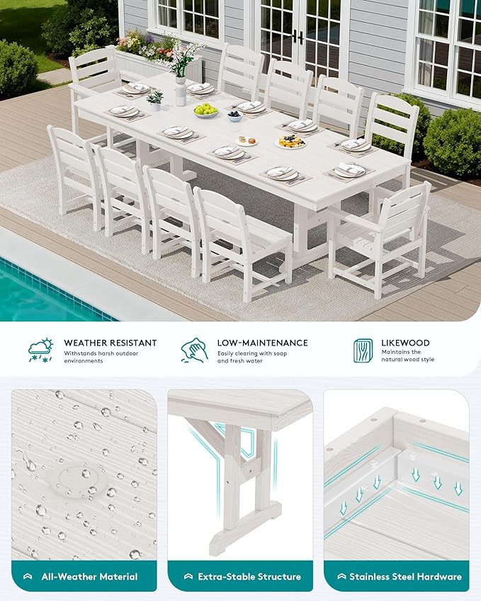 SERWALL 11 Piece Outdoor Dining Set, 84" HDPE Outdoor Table and Chairs for 10，All Weather Patio Furniture Set with Umbrella Hole for Backyard, Garden, White SERWALL