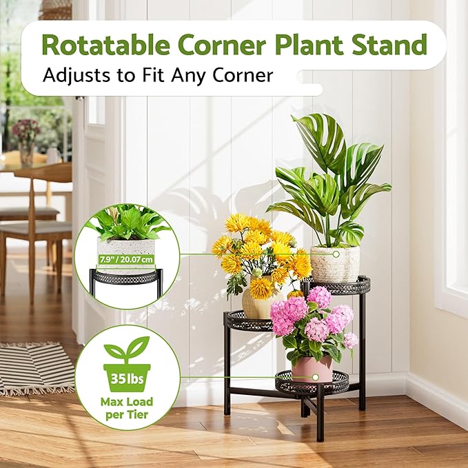 Metal Plant Stand Indoor Outdoor, 3 Tier Corner Tall Plant Shelf for Multiple Plants, Tiered Plant Stand, Heavy Duty Flower Plant Holder, Folding Tall Rack for Garden Patio Lawn Balcony - BlackWave Rootora