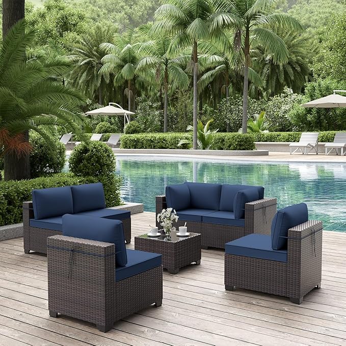 ALAULM Patio Furniture Set with Coffee Table, 7 Pieces Outdoor Sectional with Wide Seat and Thick Cushion, All Weather Wicker Rattan Conversation Set for Backyard, Garden, Deck, NavyBlue ALAULM
