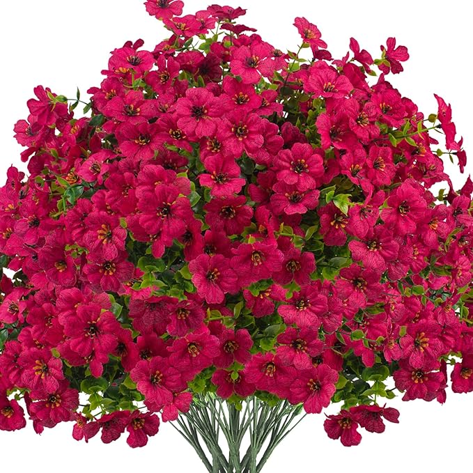 Artificial Fake Flowers for Outdoor Spring Decoration, 16 Bundles Faux Silk Colorful Daisy UV Resistant Realistic for Outside Porch Patio Home Yard Garden Planters Pots Window Box (Rose Red) Grunyia