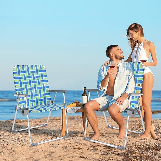 VINGLI Folding Aluminum Webbed Oversized Lawn Chairs with Detachable Cup Holder, 300LBS High Beach Chair for Adults Heavy Duty, Portable Patio Chair for Yard, Garden, 2 Pack,Blue/Green VINGLI
