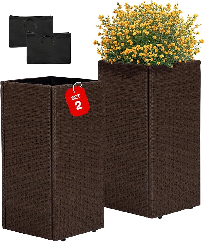 IDZO All-Weather Wicker Planters, Set of 2, 24 in Tall Wicker Planters, Self-Watering with Drainage, Durable PP Material, Raised Garden Bed Alternative, Indoor Outdoor Use, Modern Rattan Design Idzo