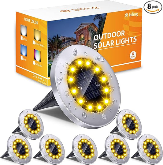 Biling Solar Ground Lights Outdoor 8 Packs, Flat Bright 12 LEDs Solar Lights Outdoor Waterproof for Yard Walkway Garden Driveway (Warm White) biling