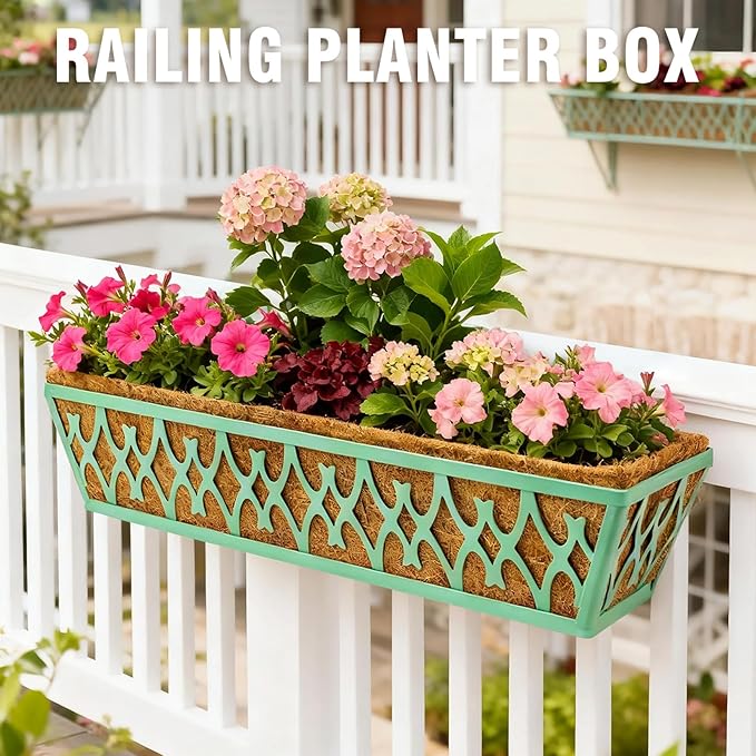 6 Pack 30 Inch Window Boxes Planters Railing Planter Box with Adjustable Brackets for Porch Fence Patio Balcony Hanging Flower Baskets with Coco Liners for Outdoor Garden Decor - Green KarlliuHOMEGARDEN