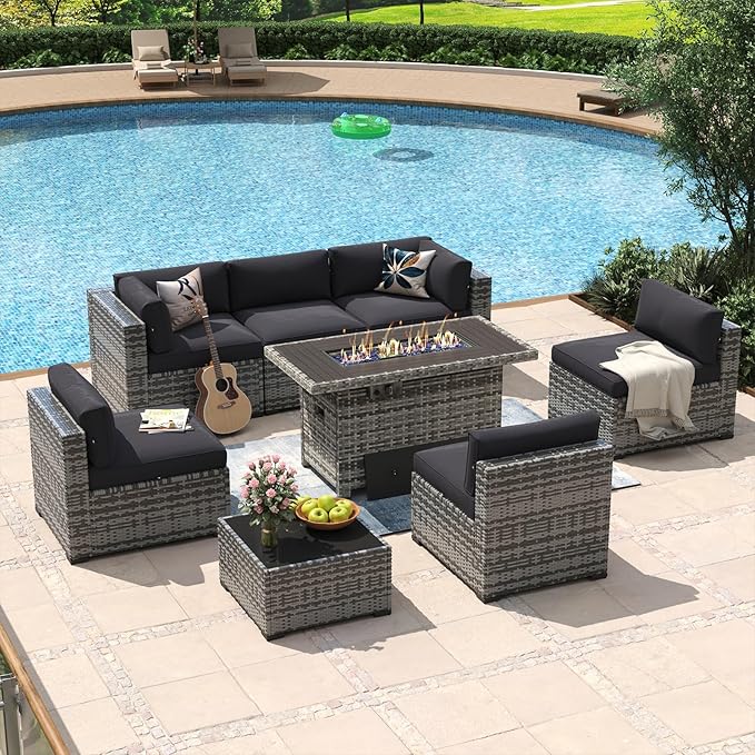 Aoxun 8 Piece Patio Furniture Set with 44'' Fire Pit Table Wicker Rattan Patio Conversation Set Outdoor Sectional Sofa Set with Coffee Table, Grey/Black (Waterproof Cover Included) Aoxun