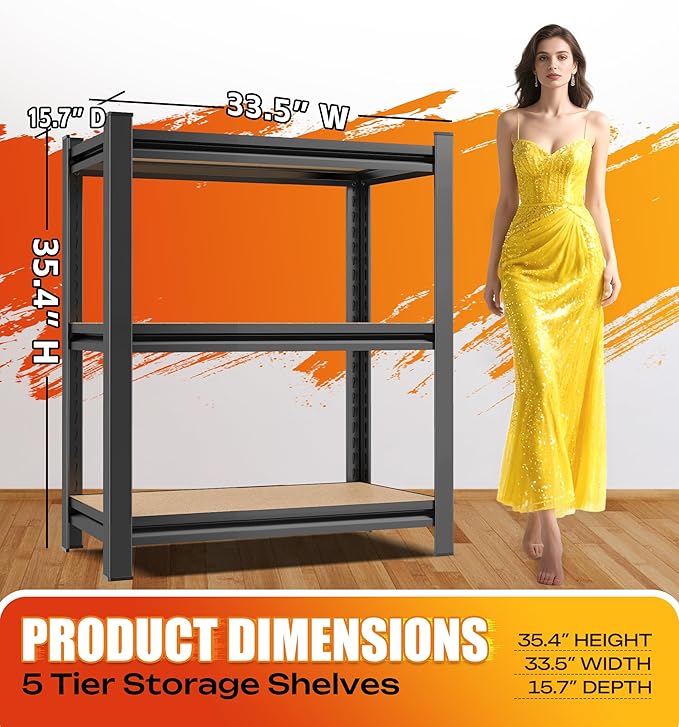AOAORRG Garage Shelving Heavy Duty Storage Shelves, Metal Adjustable Shelving Unit, Utility Garage Organizer Shelf for Basement, Pantry, Kitchen, Warehouse, 33.5" Wx15.7 Dx35.4 H, Black Rootora