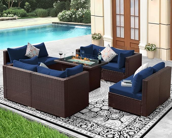 NICESOUL 9 Piece Patio Sectional Sofa Set with Fireplace Natural Gas/Propane, 29.3'' High Back Deep Seats Outdoor Conversation Couch, Extra-Large Wicker Furniture Sets, Brown Rattan and Blue Cushion NICESOUL