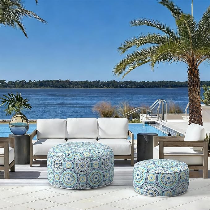 LVTXIII Indoor/Outdoor Inflatable Ottoman with Handle D21 x H9 Inch, Weather-Resistant Round Footstool Pouf for Patio Camping Living Room, Portable Footrest Extra Seating, Delancey Lagoon LVTXIII