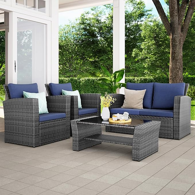 Wisteria Lane 4 Piece Patio Furniture Set, Wicker Outdoor Patio Conversation Furniture Set, All Weather Outdoor Patio Sofa with Cushion and Glass Table, Blue WisteriaLane