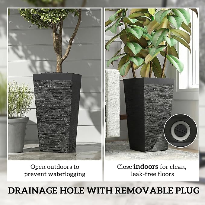 Outsunny 22.8 Inch Tall Planters for Outdoor Plants, Set of 3 Plastic Flower Pots with Stone Finish and Wheels, Stackable Tapered Planters with Drainage Hole for Indoor Plants, Front Porch, Black Outsunny