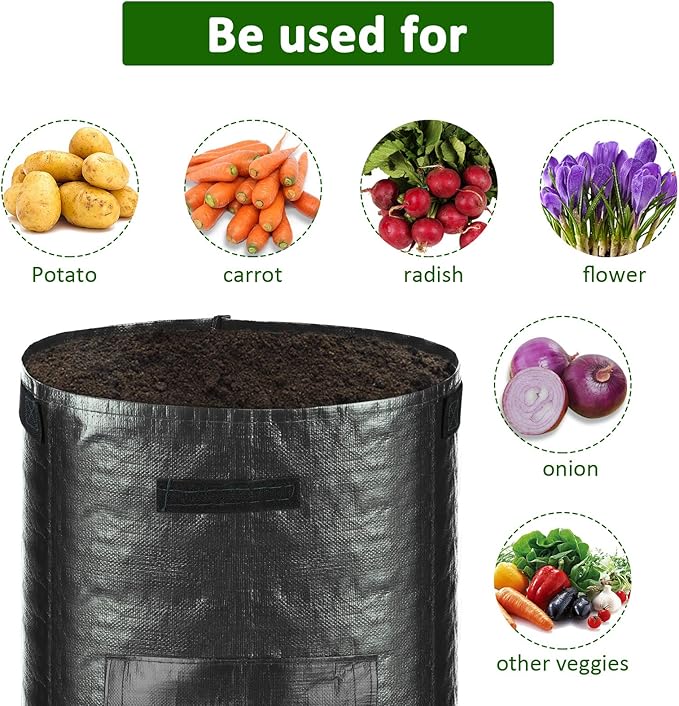 JJGoo Potato Grow Bags, 4 Pack 10 Gallon with Flap and Handles Planter Pots for Onion, Fruits, Tomato, Carrot - Black JJGoo