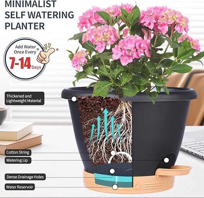 Plant Pots 10 Inch Set of 4, Self Watering Pots with Drainage Holes, Saucer & Reservoir, Flower Pots for Indoor/Outdoor Plants, Decorative Nursery Planting Pots (Black) gegemaoyi