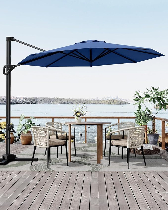 GarveeLife 10 ft Patio Umbrella Outdoor Large Cantilever Umbrella w/Base Included Market Sun Shade Windproof Offset Umbrella with 360-Degree Rotation for Garden Deck Pool Patio, Navy Blue GarveeLife