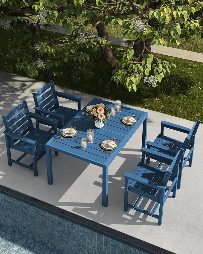 SERWALL Outdoor Expandable Dining Table 60" - 83", Patio Dining Table for 4-10 People, All Weather HDPE and Aluminum Outdoor Furniture for Backyard, Garden, Blue SERWALL