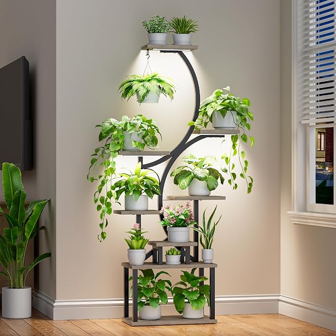 Plant Stand Indoor with Grow Lights - 62" Tall Plant Shelf, Lighted Corner Plant Stands for Indoor Growing, 8 Tiered Large Flower Holder, S-Shaped Decorative Rack for Living Room, Patent Design, Grey BACEKOLL
