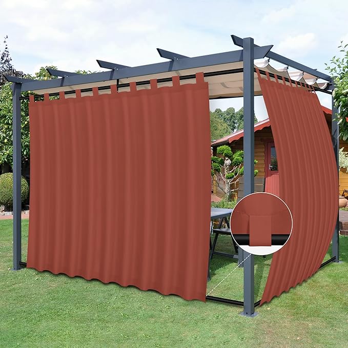 Easy-Going Outdoor Patio Curtains Detachable Tab Top Windproof Weatherproof Curtain for Cabana, Porch, Pergola and Gazebo, Tab Bottom Drape, 2 Panels, 110W x 108L inch, Terra Red Easy-Going