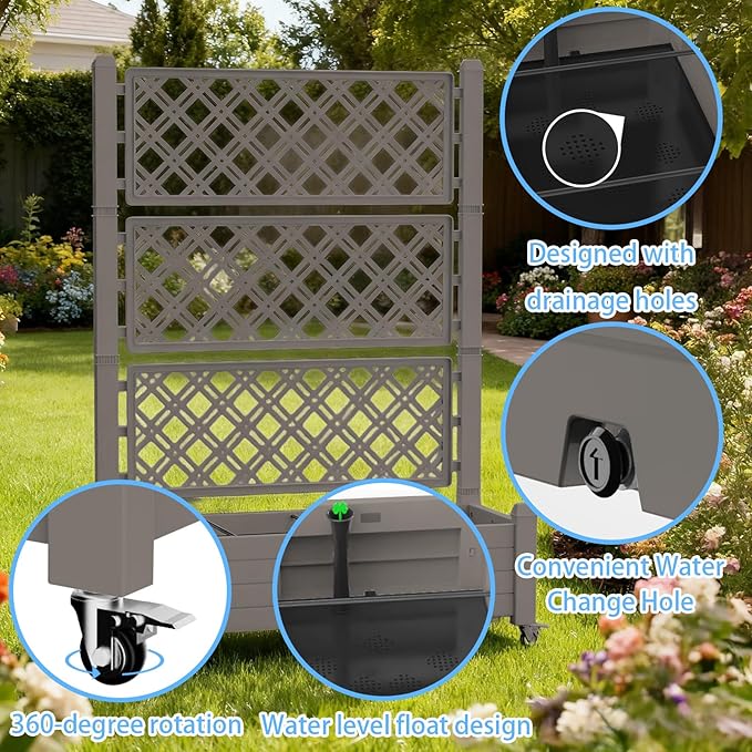 Mobile Garden Planter with Trellis & Lockable Wheels, Outdoor Raised Bed with Drainage & Water Gauge, Weather-Resistant Resin for Patio, Balcony, Yard, Dust-Resistant (Grey, 43.43*18.27*64.29) EASYUP
