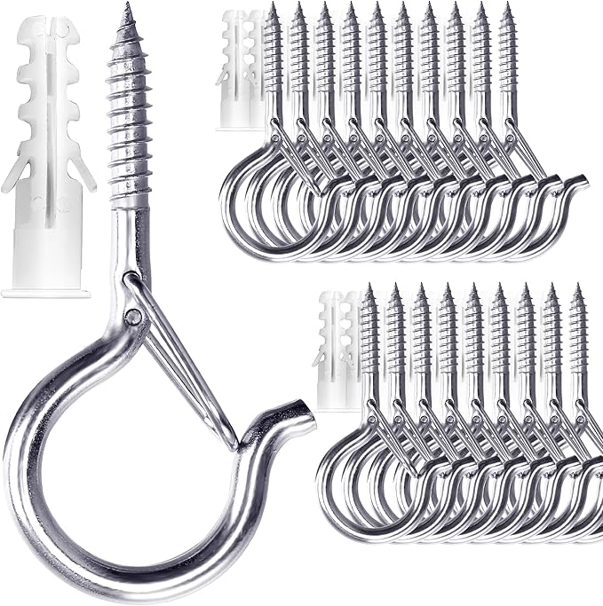 PlusRoc 20 Pack Ceiling Hooks for Hanging Plants Outdoor String Lights Heavy Duty, 2.2 Inch Eye Hook Screw in Cup Hooks Q-Hanger for Patio Lights, Wall Wood Fence Deck Mount(Stainless Steel, Silver) PlusRoc