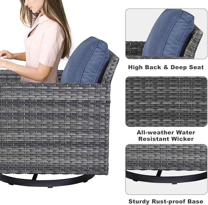 Belord Outdoor Bistro Set 3 Piece Wicker Swivel Rocker Patio Chairs, Oversize Outdoor Rattan Seating Set, Patio Swivel Glider Chairs Wicker Furniture with Metal Side Table for Outside Porch Backyard Belord
