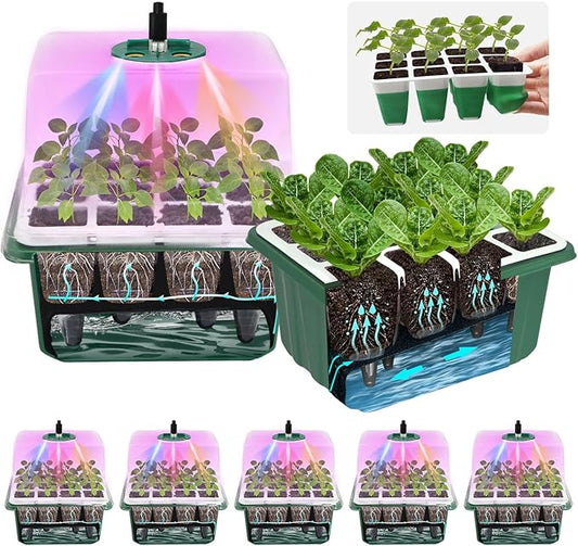 5PCS 60 Cell Self Watering Seed Starter Tray with Grow Light, Reusable Silicone Seed Starter Kit with Humidity Dome, 60 Cells Plant Germination Trays for Seeding Planting Growing（5-Pack 60-Cell） GrowYourGreenParadise