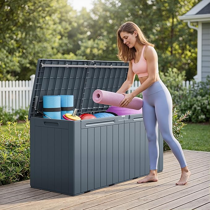 Greesum 110 Gallon Outdoor Storage Box with Lockable Lid, All-Weather Solution for Patio Furniture, Pool Supplies & Garden Tools, Waterproof, UV-Resistant Large Deck Box, Gray BuynowfromGreesum