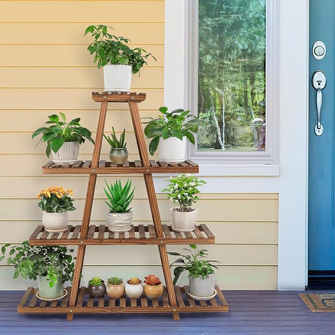 Ufine 4 Tier Wood Plant Stand Indoor Outdoor A Frame Plant Display Shelf for Multiple Plants Flower Pot Holder Rack, Living Room Balcony Patio Ufine