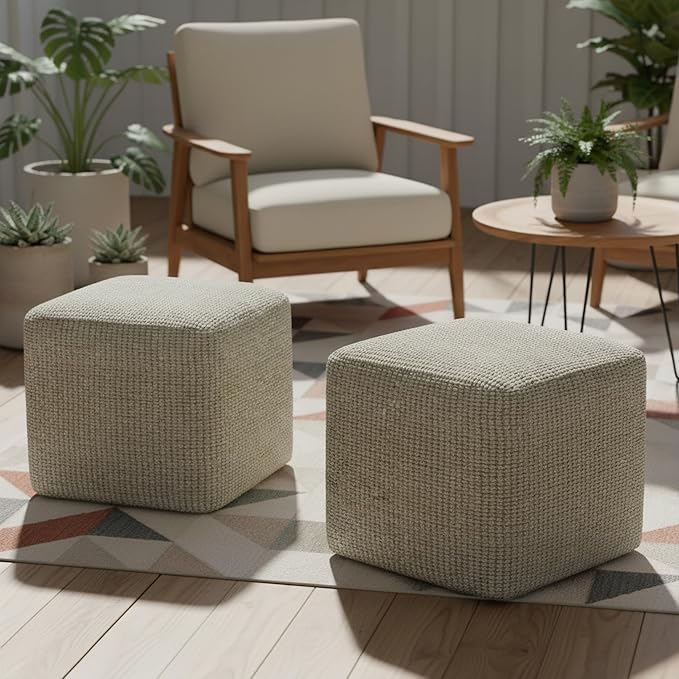 SIMPLIHOME Zelma Square Pouf – 18 inch Wide Upholstered PET Polyester Ottoman in Cream and Natural, Boho Indoor/Outdoor Footstool or Extra Seating for Living Room, Bedroom, or Patio, Assembled SimpliHome