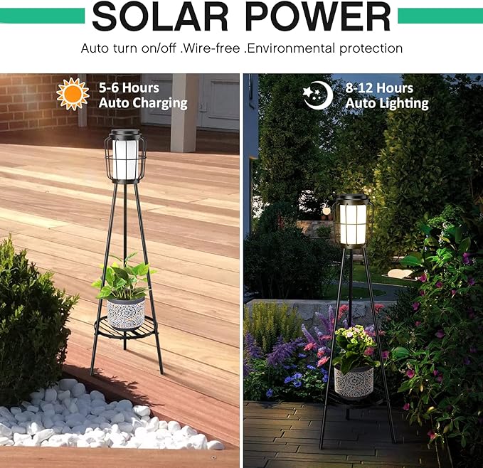 2 Pack Solar Lights with Plant Stand, Outdoor Floor Lamps, Waterproof Solar Powered Floor Lamps for Patio Deck Porch Yard Garden Decor VISFLAIR