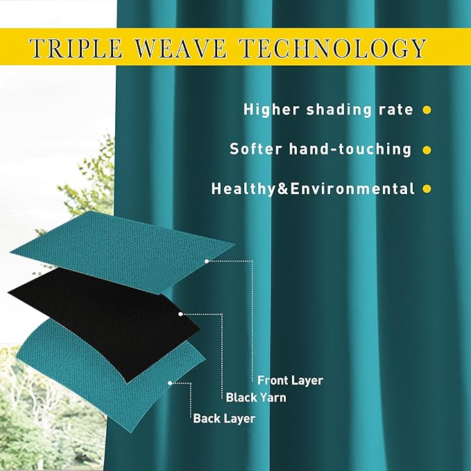 NICETOWN 2 Panels Outdoor Curtains Waterproof Pocket & Back Tab on Top & Bottom, Thermal Insulated Windproof Sun Blocking Outside Privacy Drapes for Patio with Fixed Rope, W52 x L95, Peacock Teal NICETOWN