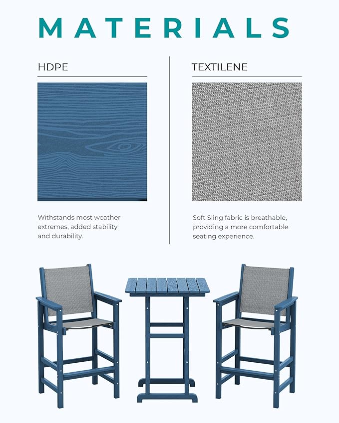 SERWALL 3 Pieces Textilene Adirondack Bar Set, Tall Adirondack Bar Height Chairs with Bar Table, Sling Balcony Adirondack Chairs, Weather Resistance Resin Outdoor Bar Height Stools, Blue SERWALL