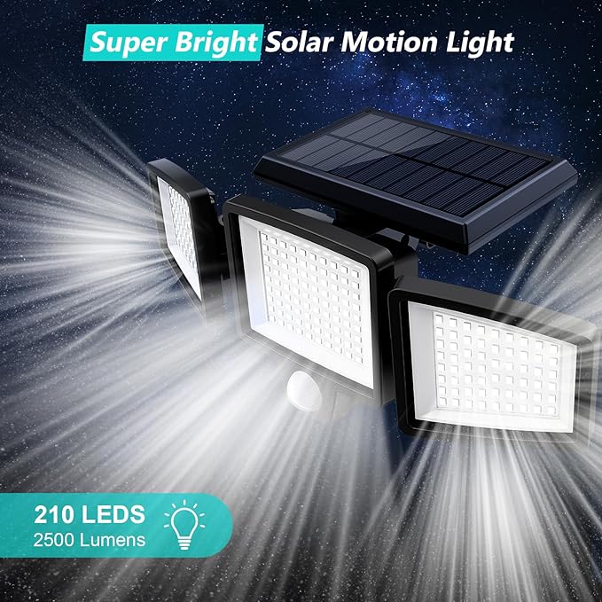 Tuffenough Solar Outdoor Lights 2500LM 210 LED Security Lights with Remote Control,3 Heads Motion Sensor Lights, IP65 Waterproof,270° Wide Angle Flood Wall Lights with 3 Modes(2 Packs) SolarOutdoorLights