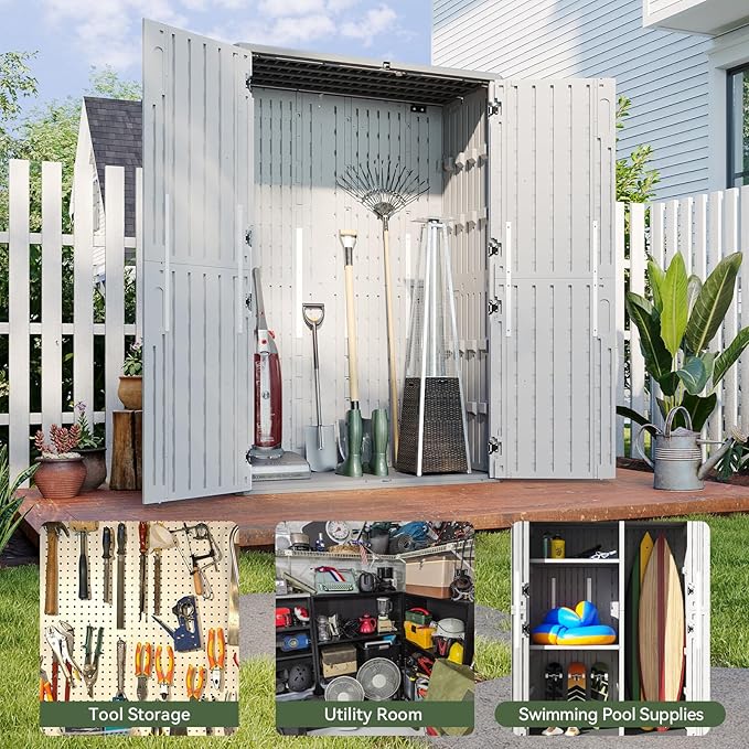 Aoxun Outdoor Storage Shed, 64 Cu.Ft Vertical Storage Sheds Outdoor with Floor, Outdoor Waterproof Storage Cabinet for Garage Storage, Pool Storage, Bike Shed, Garden Shed (White) Aoxun