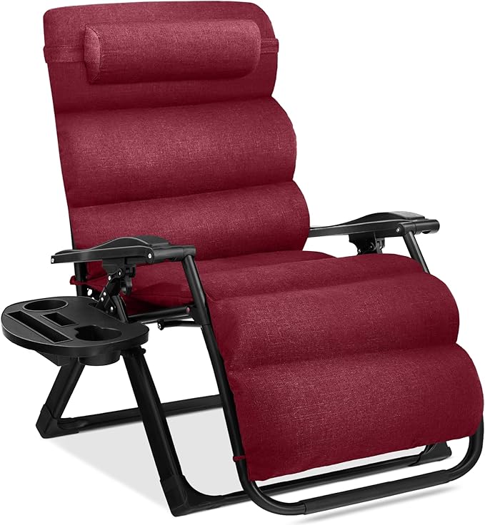 Best Choice Products Oversized Zero Gravity Chair, Folding Outdoor Patio Recliner, XL Anti Gravity Lounger w/Removable Cushion, Cup Holder, Side Tray, 350lb Capacity - Burgundy BestChoiceProducts