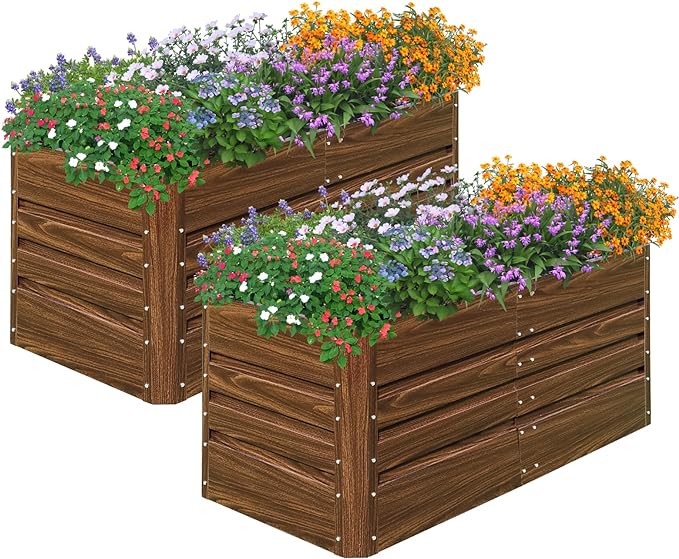 SnugNiture 2 Pcs 4x2x2FT Raised Garden Bed Galvanized Planter Garden Boxes Outdoor, Deep Root Planter Raised Bed for Vegetables Flowers Herbs,Brown snugniture