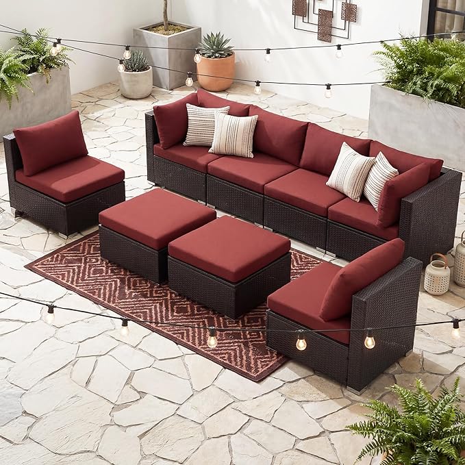 NICESOUL 29.3'' High Back Wicker Patio Furniture Set for 8 Person, Extra Big Outdoor Modular Sectional with Ottoman, Deep Seated Relax Conversation Sets for Backyard Deck, Brown and Red NICESOUL