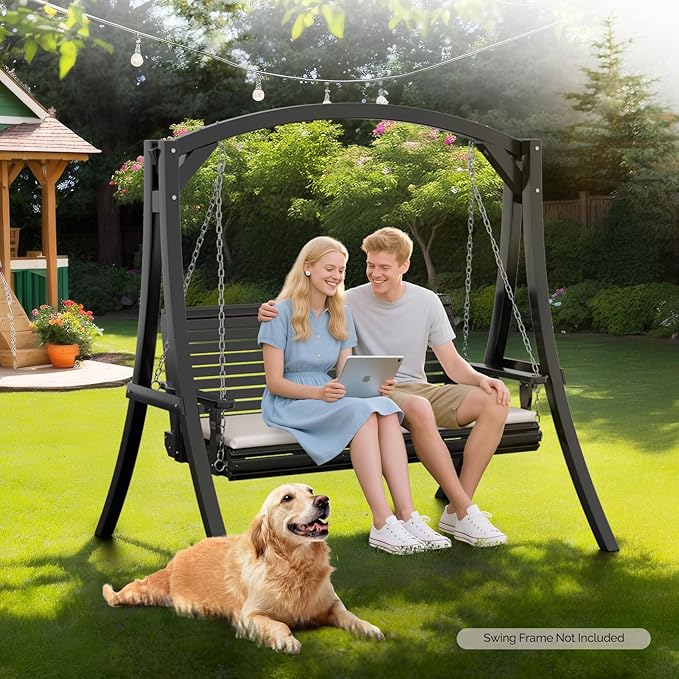 VINGLI Heavy Duty 880 LBS Patio Wooden Porch Swing Outdoor with Extra Cushion, Farmhouse Hanging Bench Tree Swing with Adjustable Chains for Yard | Garden | Lawn | Balcony (5 FT, Black) VINGLI