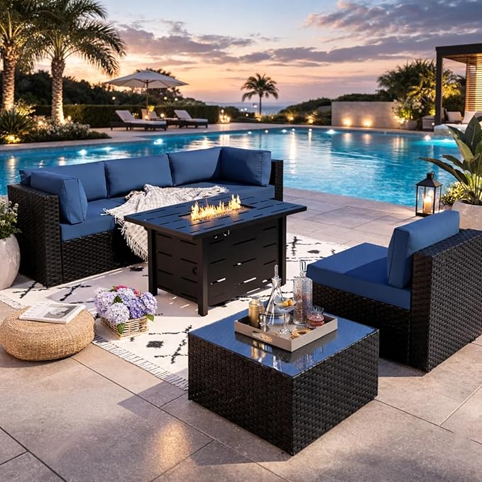 JAMFLY Patio Furniture Sets, 6-Piece Outdoor Patio Furniture with 43'' Propane Gas Fire Pit Table, Wicker Outdoor Conversation Set Sectional Sofa for Backyard, Poolside, Garden, Aegean Blue JAMFLY