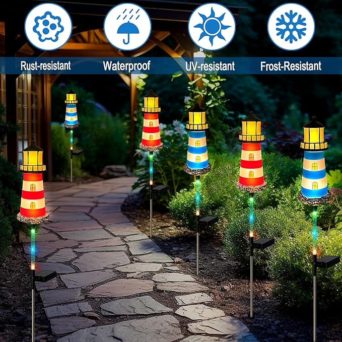 4 Pack Lighthouse Solar Lights,7 Light Color Changes,IP65 Waterproof Solar Pathway Lights for Garden,Lawn,Outdoor Lighthouse Decor HokfirmHomeDecorGarden