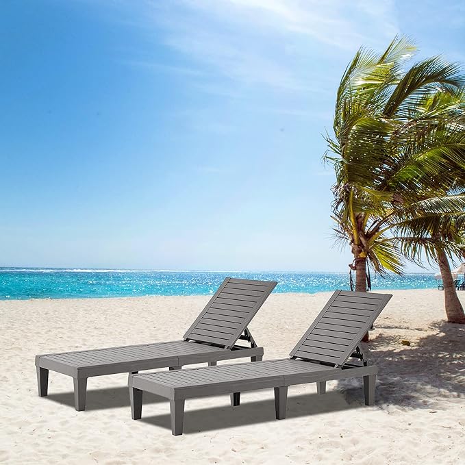 Outdoor Chaise Lounge Set of 2, Adjustable Pool Lounge Chair with 5 Positions Backrest, Waterproof Sun Loungers for Garden Pool Beach Patio Deck Sunbathing EUNHOO