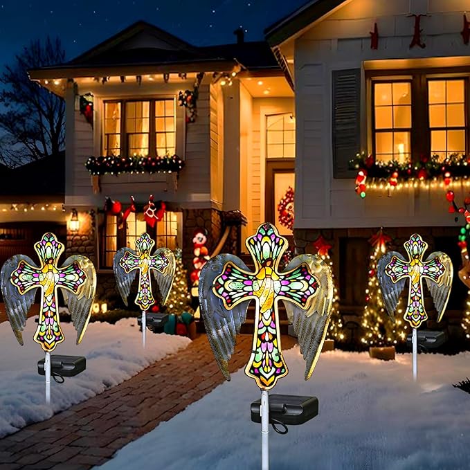 YJFWAL Solar Glass Cross Garden Stake Light, Cemetery Decorations for Grave Outdoor Lights, Easter Jesus Cross Angel Wings Sympathy Memorial Gifts, for Garden Lawn Yard Patio Decor YJFWAL