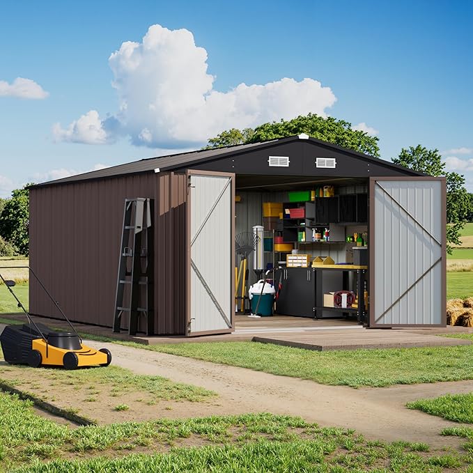 Greesum 10×14 FT Outdoor Storage Shed, Metal Storaged Sheds Without Floor, Tool Sheds with Lockable Doors and Sloping Roof for Garden, Patio, Brown BuynowfromGreesum