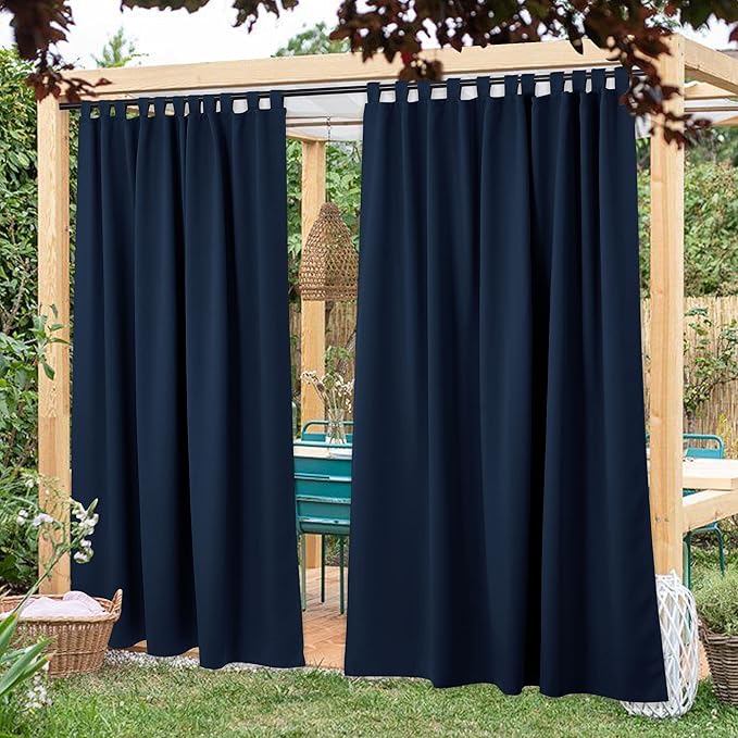 NICETOWN 2 Panels Patio Door Navy Blue Curtainss Waterproof 95" Length, 84" Wide, Thermal Insulated Self-Sticky Detachable Top Blackout Sunlight Reducing Outdoor Indoor Window Drapes for Porch NICETOWN