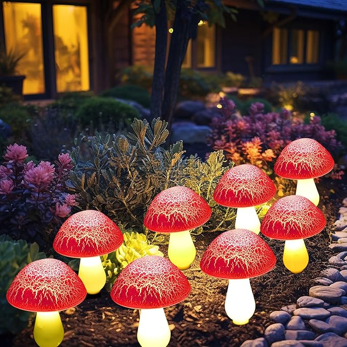 Solar Mushroom Lights Garden Decor 8 Red Crack Mushrooms Outdoor Decor Stake Lights, Waterproof Solar Pathway Light Gardening Gifts for Landscape Easter Gnomes Yard Halloween Christmas Decorations Viewpick