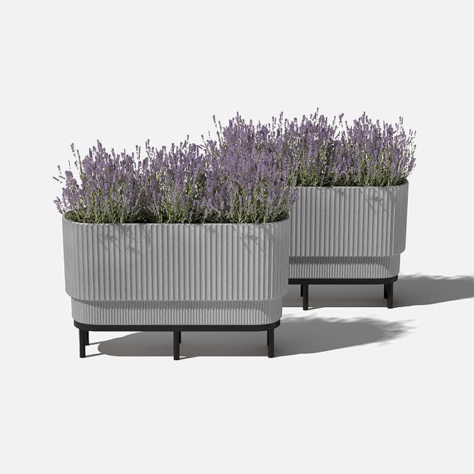 Veradek Demi Series Raised Long Planter for Indoor/Outdoor Use | Made from Plastic & Stone w/Wooden Stand | Modern Patio Décor for Flowers/Shrubs VeradekOutdoor