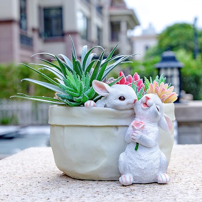 Rabbit Flower Pot Succulent Planter Garden Pots, Bunny Decorative Flower Pot,Animal Shaped Cartoon Planter Pots, Art Decorations for Mom Women （Flower with Drainage Hole） WONDHOME
