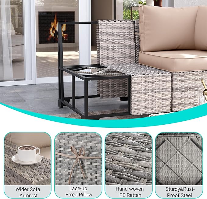 6-Piece Outdoor Patio Furniture Set Wicker Sectional Sofa Set, Patio Conversation Set with Thickened Cushions & Coffee Table for Garden, Backyard, Poolside, Beige MuphyersPatioFurniture