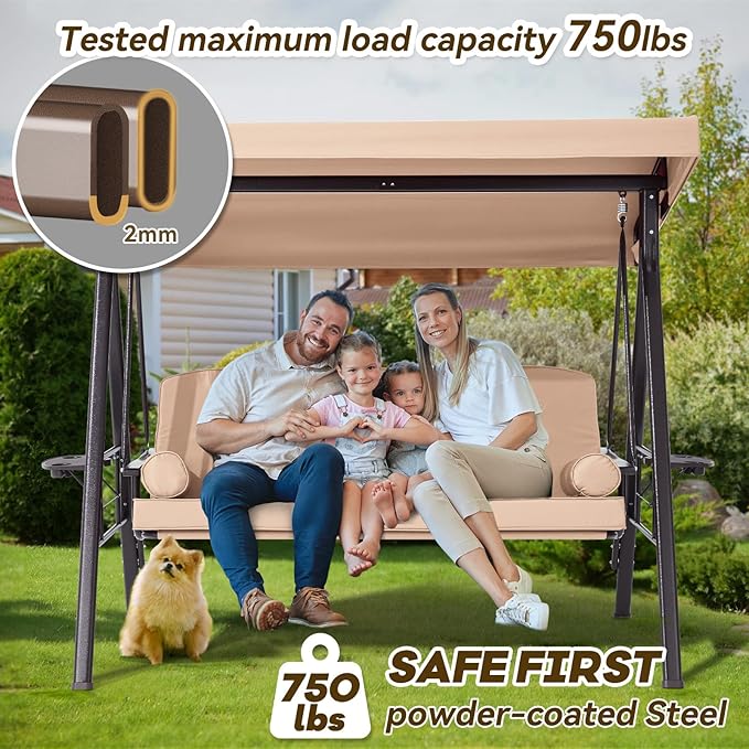3 in 1 Outdoor Porch Swing with Adjustable Canopy, 3 Seat Outdoor Swing for Adults, Patio Swing Chair with Thickened Cushions,Pillows & Cup Holders for Backyard, Porch, Garden(Khaki) YALISSEY