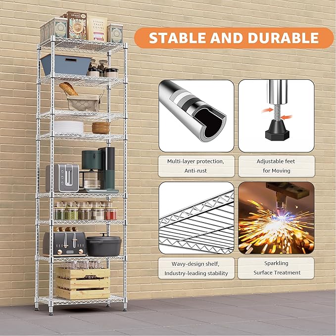 8 Tier 2000 lbs Storage Rack Metal Wire Shelving Unit, Storage Standing Shelf Organizer for Laundry Bathroom Kitchen Pantry Closet Garage Utility Room, Chrome 13.8" D x 23.6" W x 79.5" H MEIGAOPLASTICANDMETALHKCOLIMITED